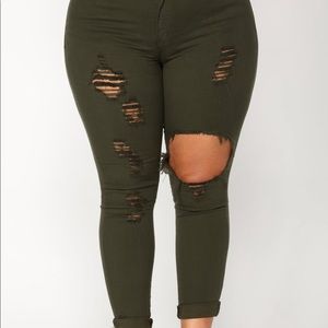 Fashion Nova Olive Green Glistening Ripped Jeans